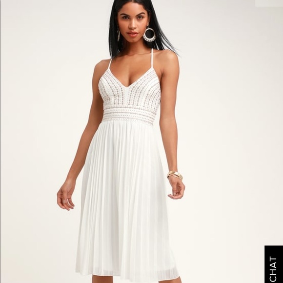 white pleated midi dress